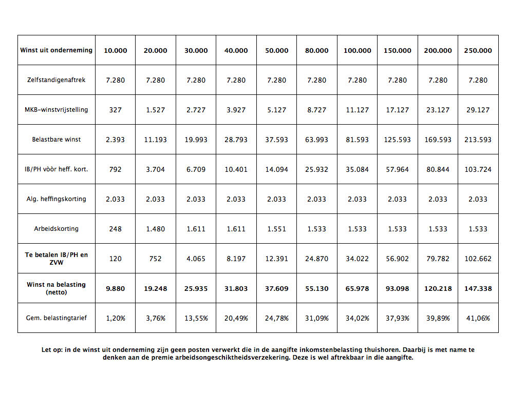 Tabel Winst vs Belasting Aangifte inkomstenbelasting